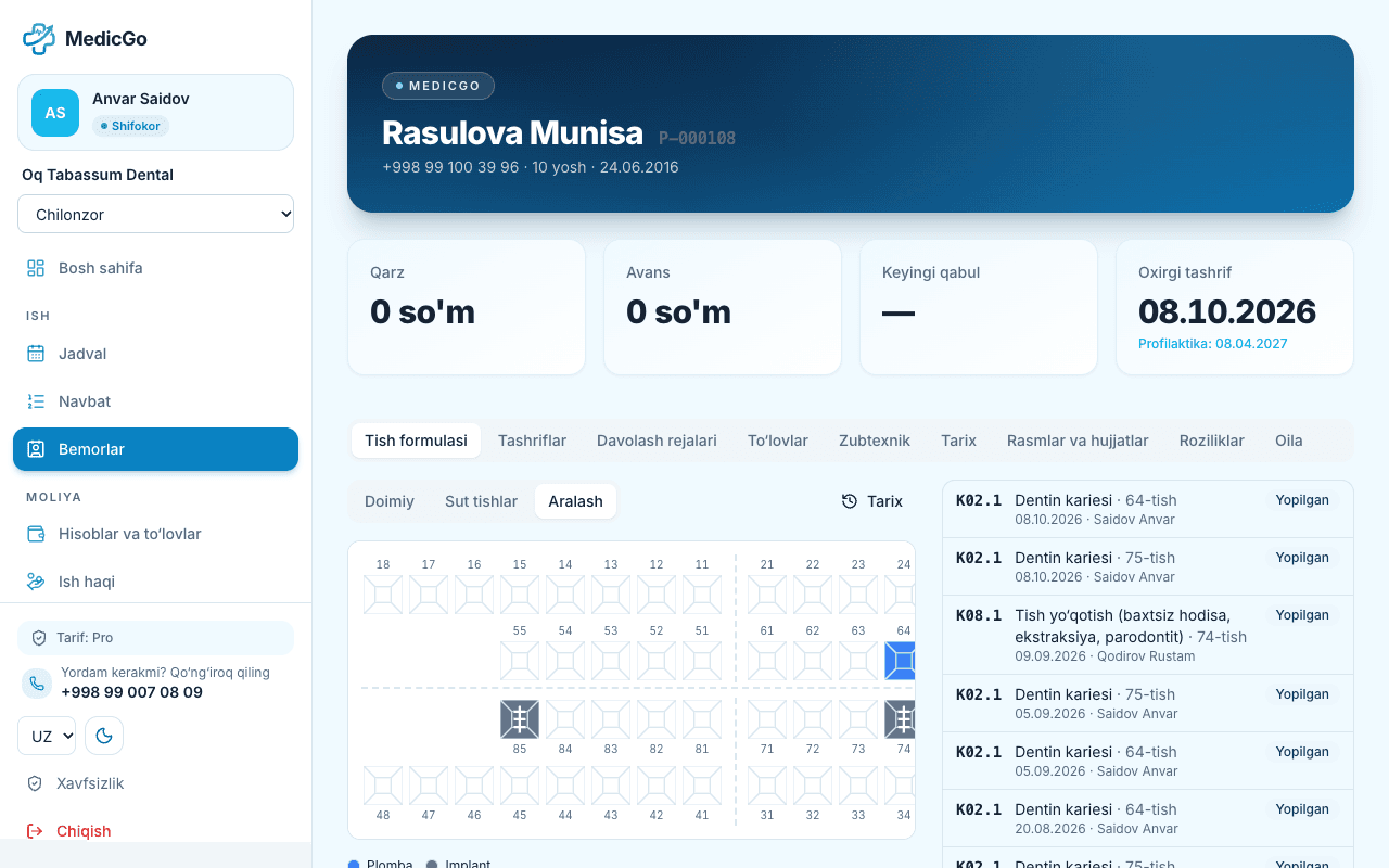 Карта пациента и зубная формула